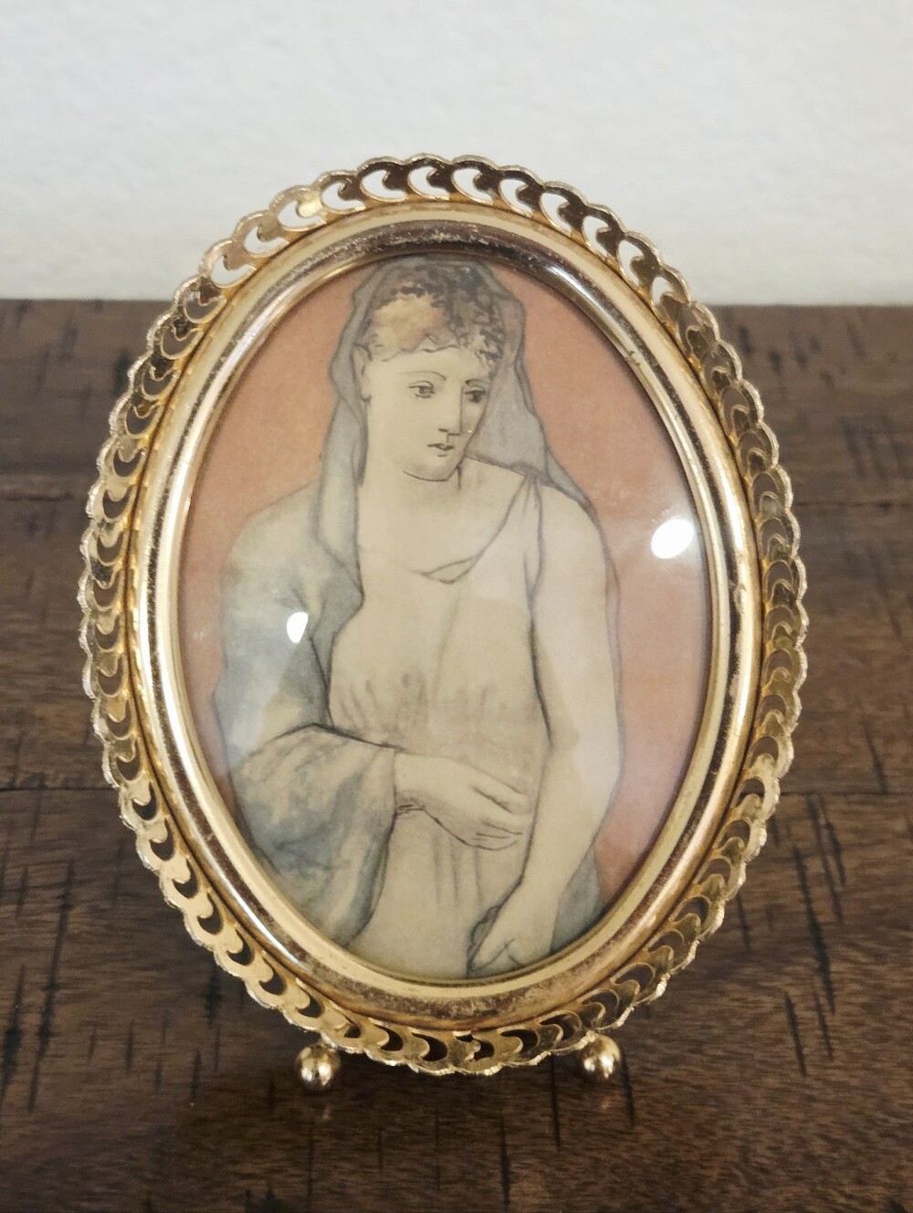Pablo Picasso Vintage Print "Woman with Blue Veil" Gold Oval Filigree Frame